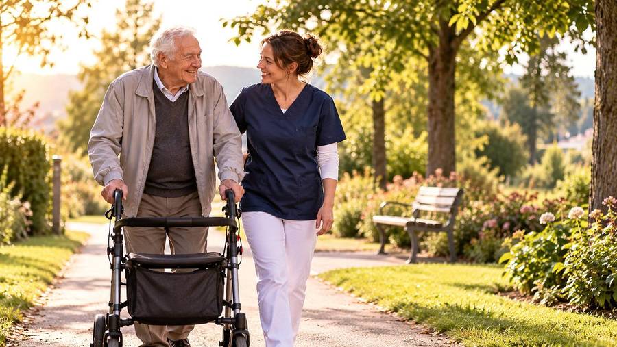 A carer accompanying an elderly gentleman with a rollator on a walk in the park
