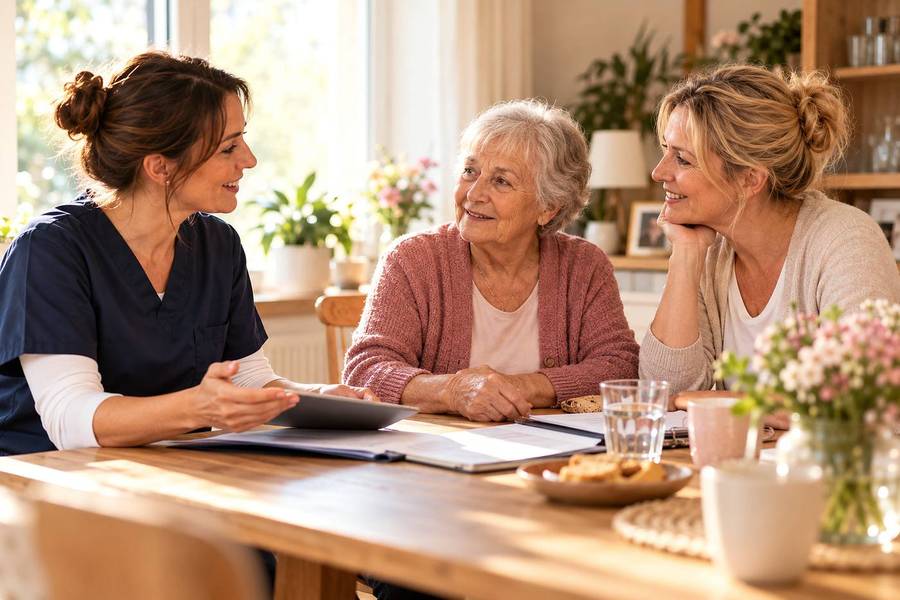 A carer goes through documents with an older woman and her daughter at the dining table