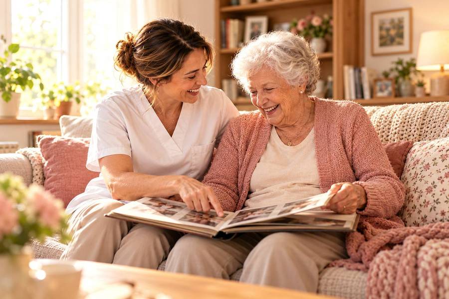 A carer and an older woman laugh while looking at a photo album