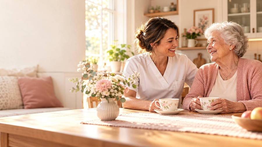 A carer and an older woman drinking tea together at the kitchen table