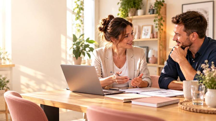 Two people going through start-up documents on a laptop