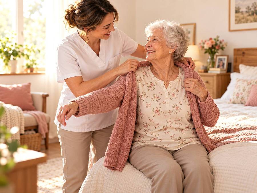 A carer helps an older woman put on a cardigan