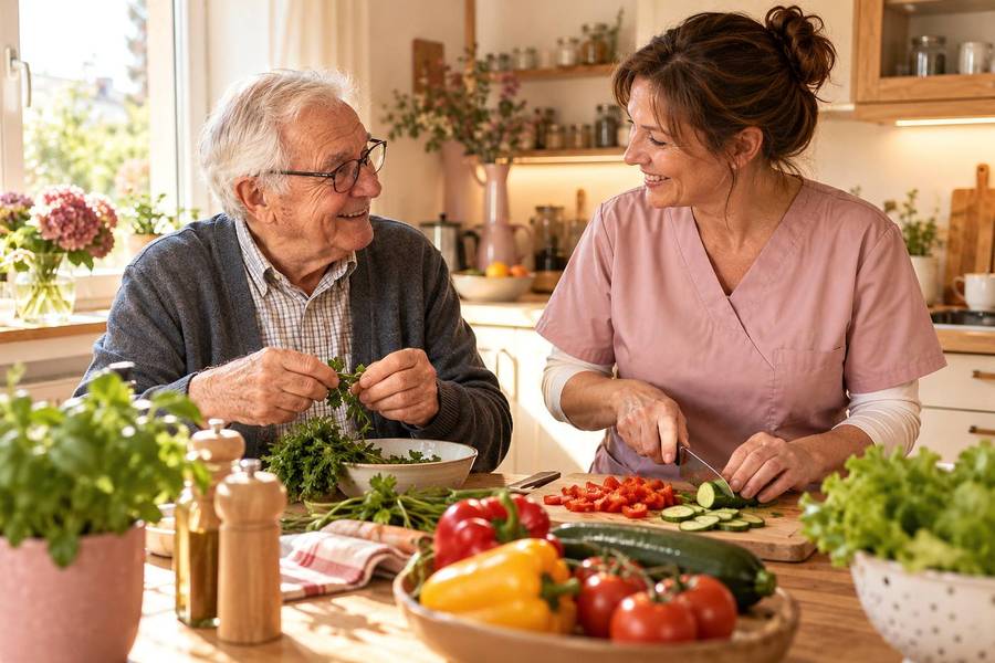 A carer chops vegetables while an older man picks herbs at the kitchen table