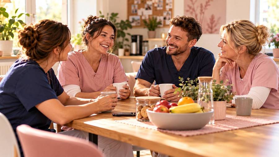 Four carers taking a break together at a table