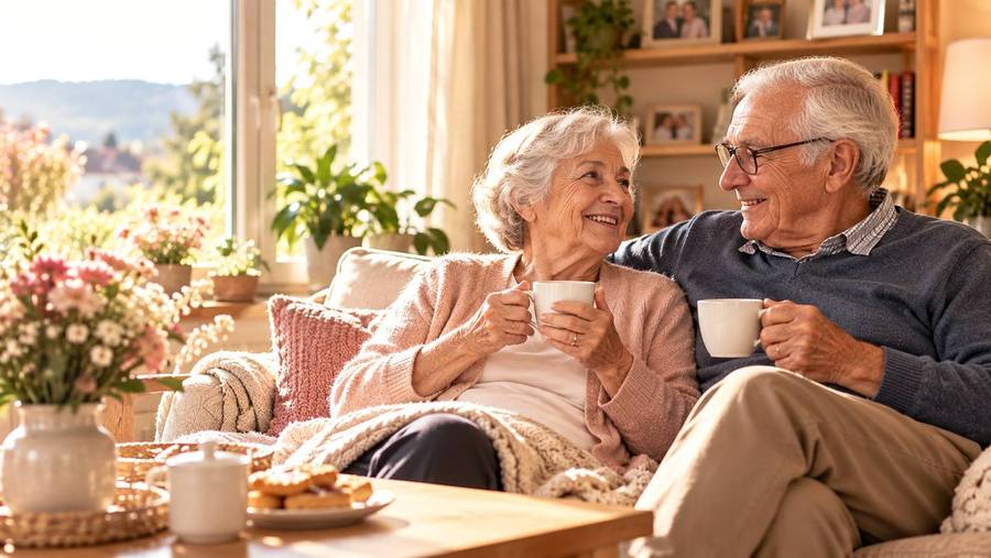 An older couple smile as they drink coffee on the sofa in a bright living room